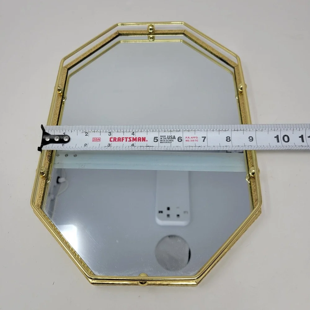 Vintage Gold‎ Brass Octagon Mirrored Vanity Tray Hollywood Regency Filigree 13x9